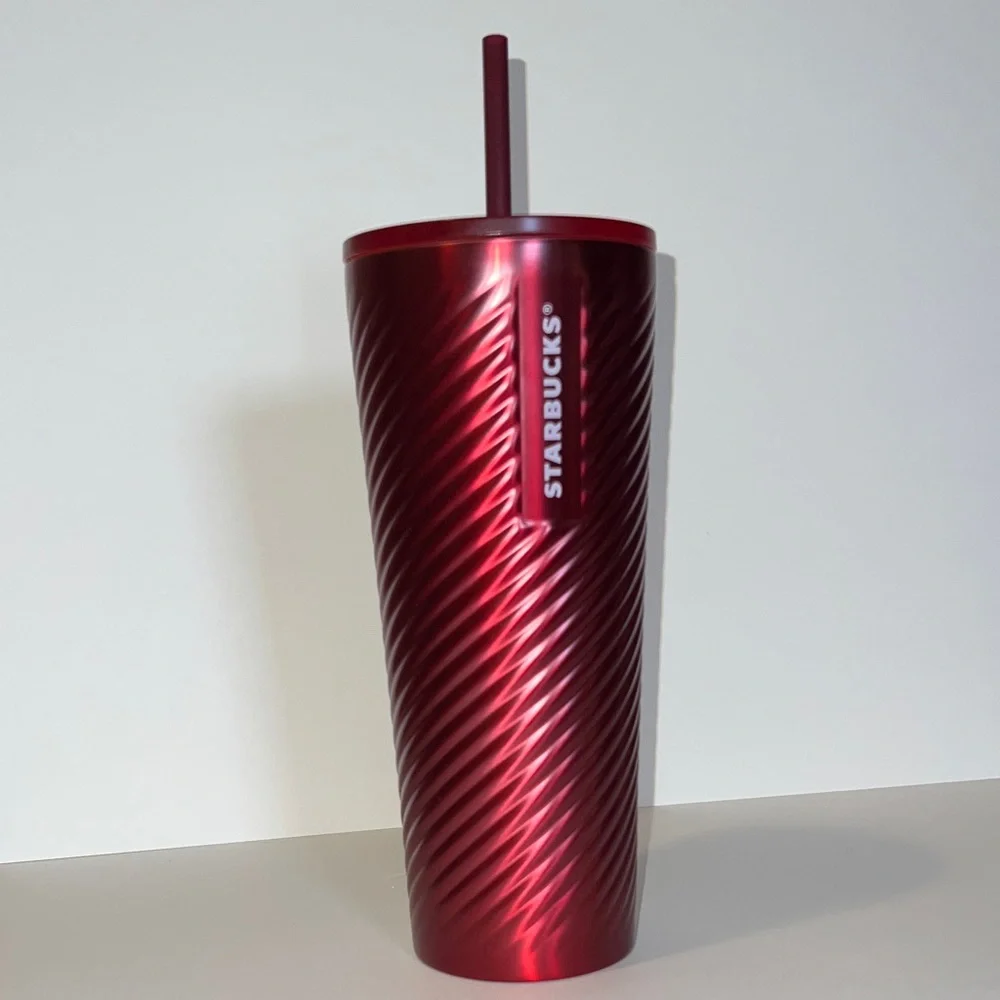 Starbucks 2022 Deep Red Metallic Swirl Twist Stainless Steel Cold Cup 24 Oz